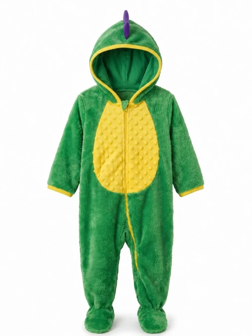 Plush Green and Yellow Dino Hooded Jumpsuit for Kids Dragon